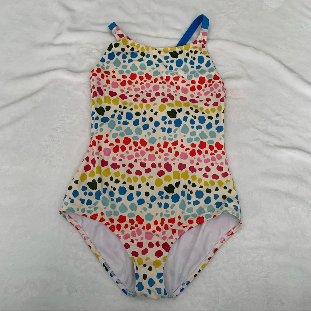 Boden‎ Girls Multi Color Polka Dot One Piece Swimsuit Blue Cross Back Straps